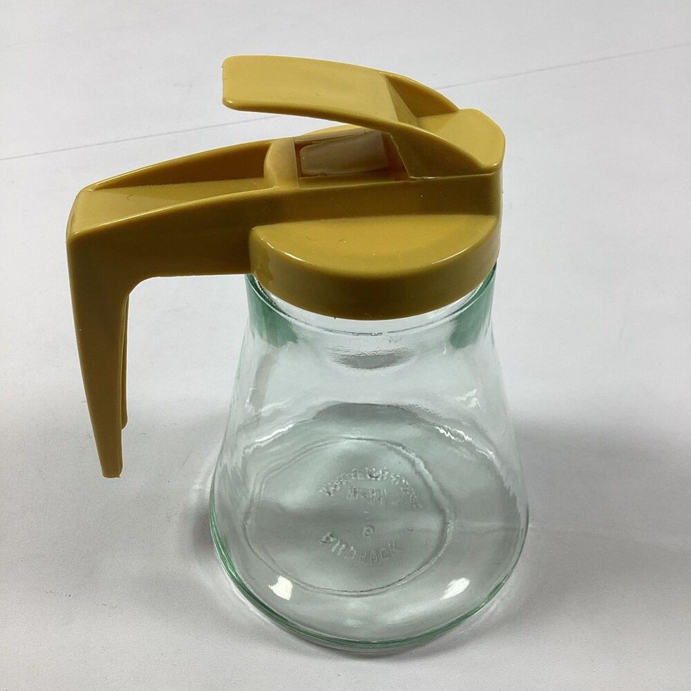Vintage Androck Glass Syrup Dispenser Gold Lid Honey Pitcher Diner USA MCM